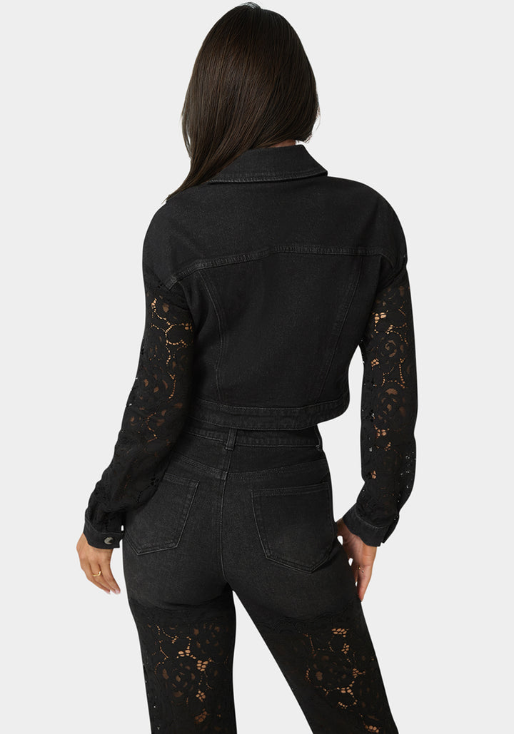 Back View-Drop Shoulder Embellished Lace Denim Jacket-Wash Out Black Wash/Black