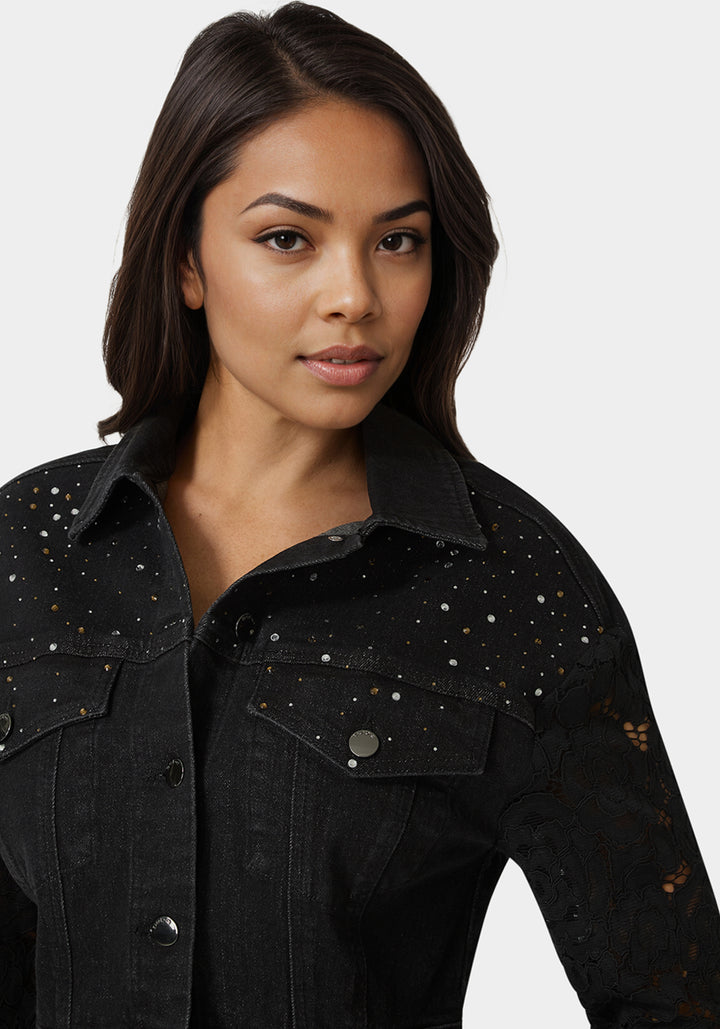 Other View-Drop Shoulder Embellished Lace Denim Jacket-Wash Out Black Wash/Black