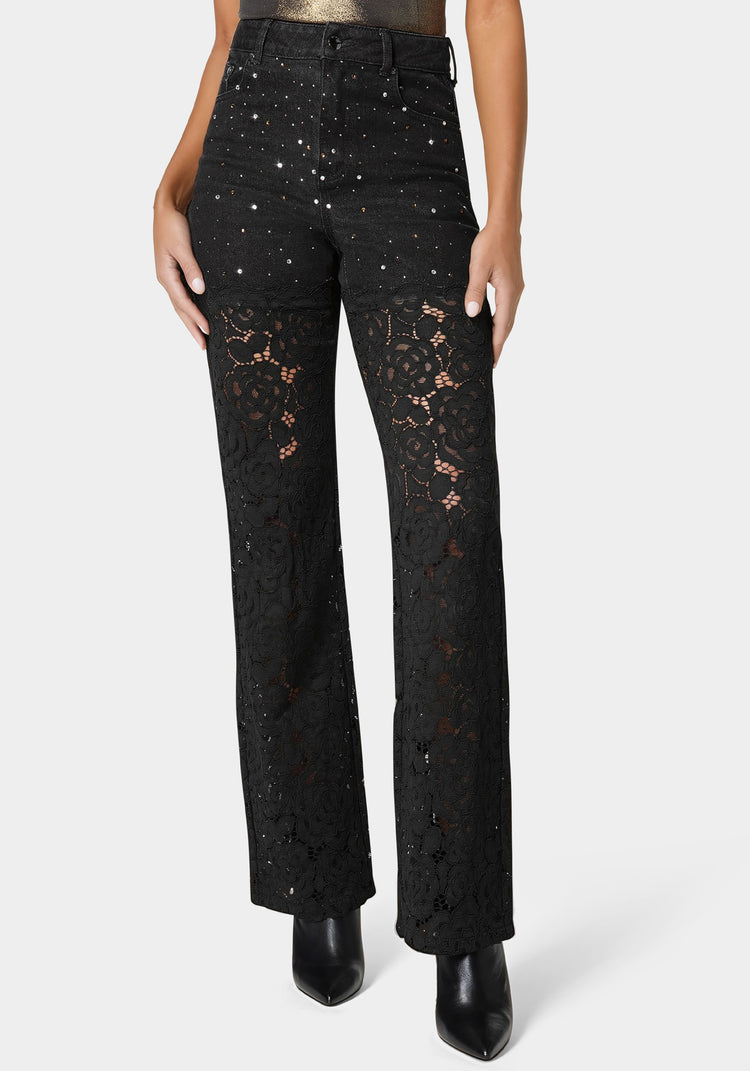 High Waist Embellished Lace Wide Leg Jeans | bebe