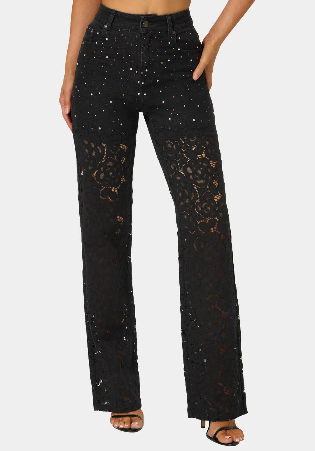 Front View-High Waist Embellished Lace Wide Leg Jeans-Wash Out Black Wash/Black