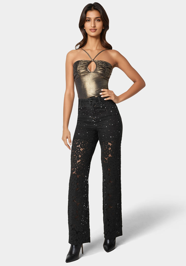 High Waist Embellished Lace Wide Leg Jeans | bebe
