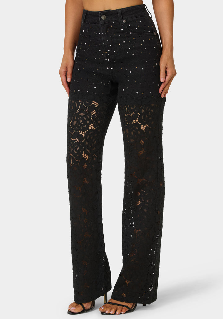 Side View-High Waist Embellished Lace Wide Leg Jeans-Wash Out Black Wash/Black