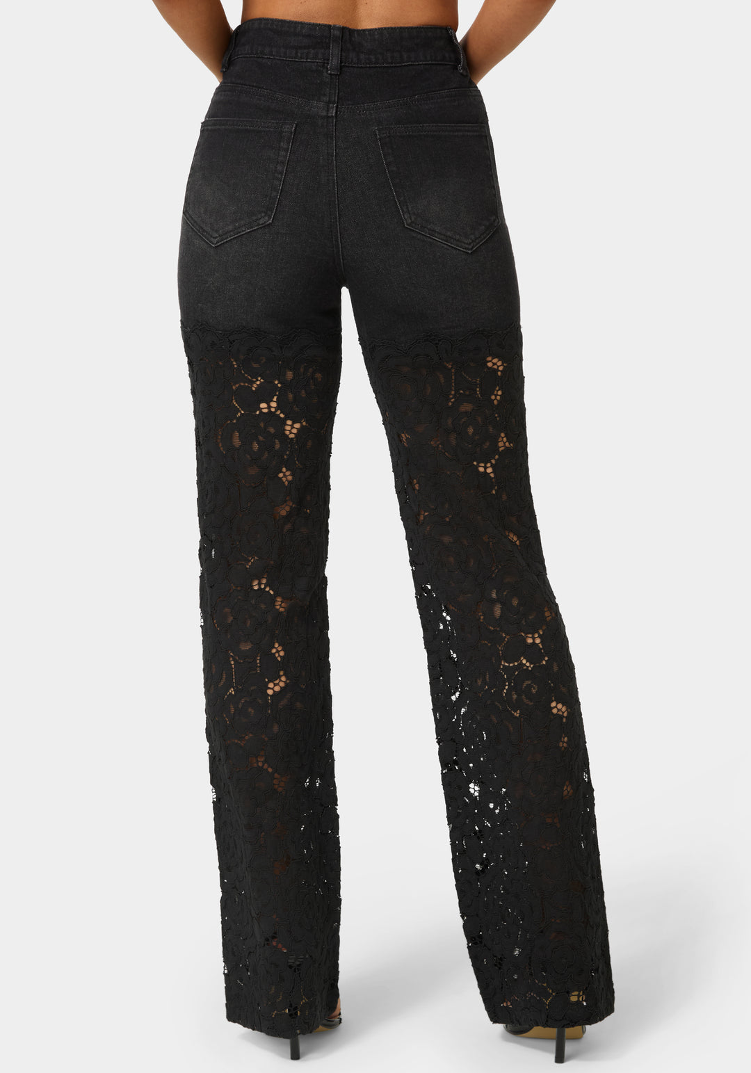 Back View-High Waist Embellished Lace Wide Leg Jeans-Wash Out Black Wash/Black