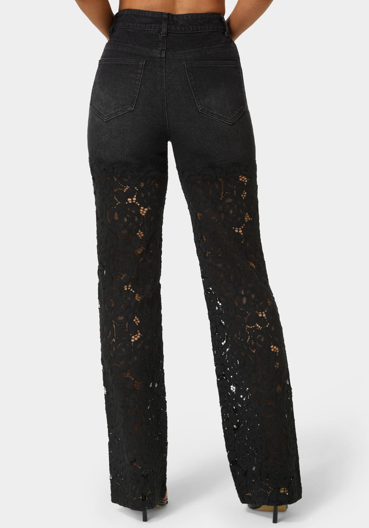 Back View-High Waist Embellished Lace Wide Leg Jeans-Wash Out Black Wash/Black