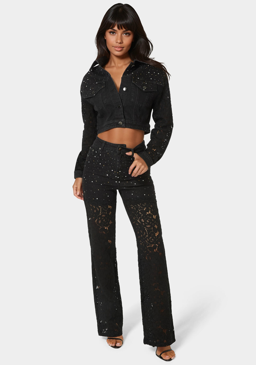 Detail View-High Waist Embellished Lace Wide Leg Jeans-Wash Out Black Wash/Black