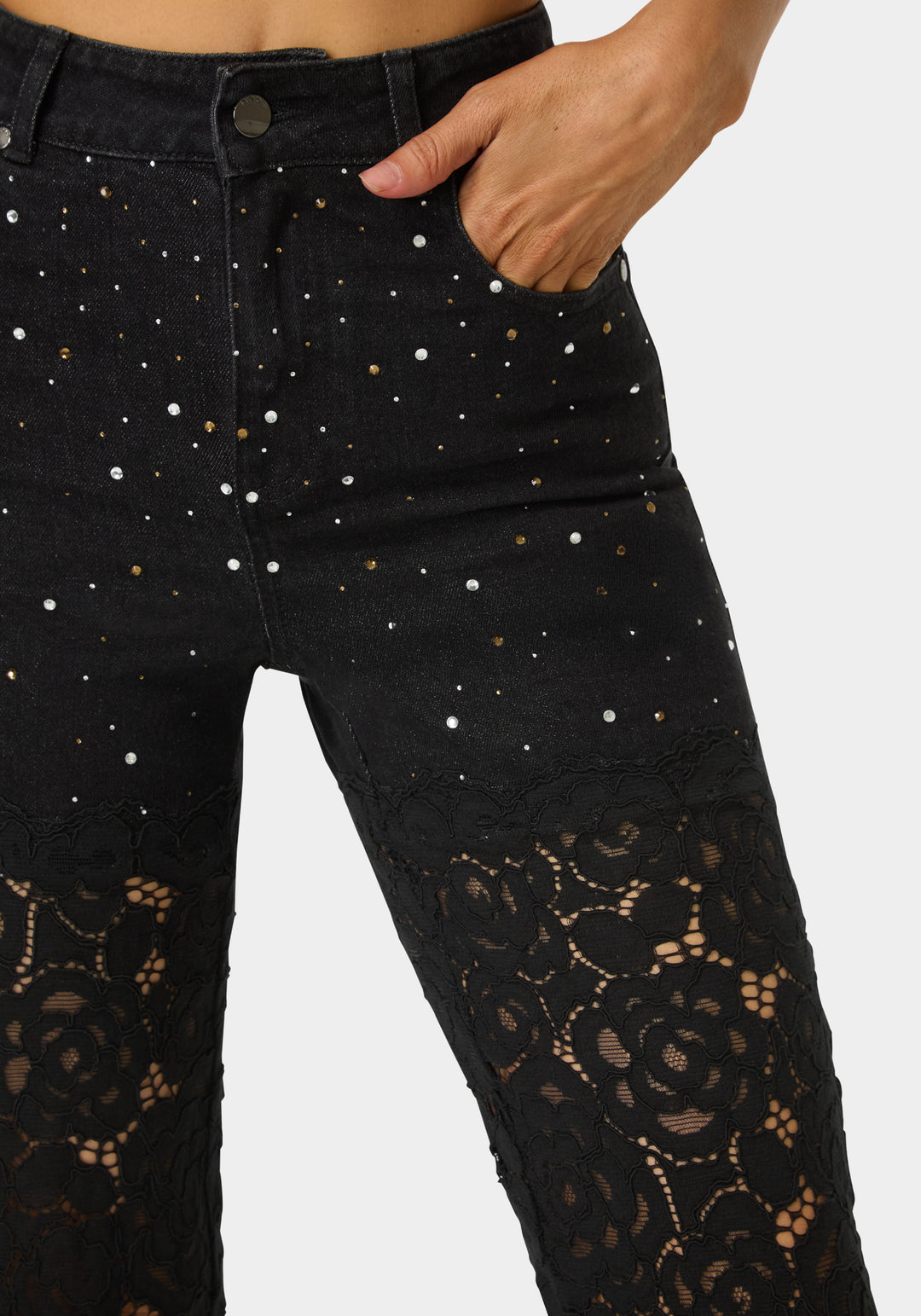 Other View-High Waist Embellished Lace Wide Leg Jeans-Wash Out Black Wash/Black