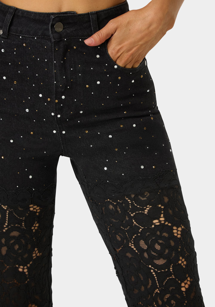 Other View-High Waist Embellished Lace Wide Leg Jeans-Wash Out Black Wash/Black