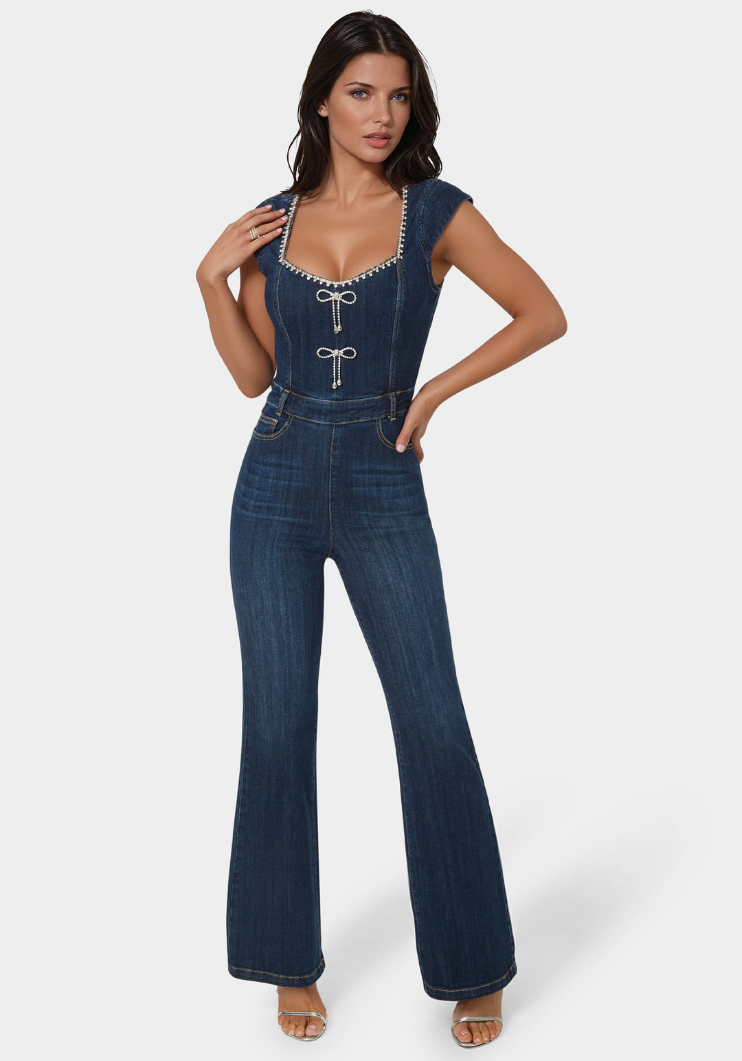 Front View-Embellished Neckline Flared Leg Denim Jumpsuit-Dark Indigo Wash