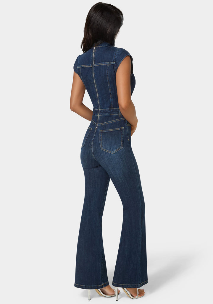 Back View-Embellished Neckline Flared Leg Denim Jumpsuit-Dark Indigo Wash