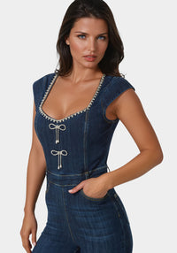 Detail View-Embellished Neckline Flared Leg Denim Jumpsuit-Dark Indigo Wash