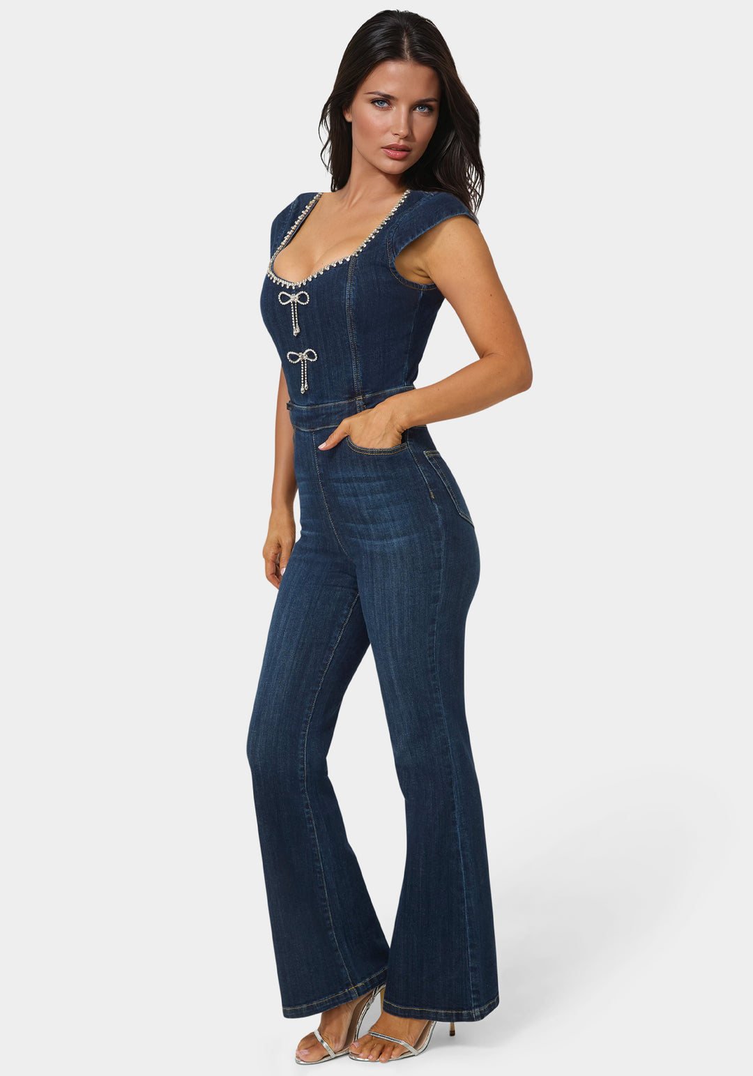 Side View-Embellished Neckline Flared Leg Denim Jumpsuit-Dark Indigo Wash