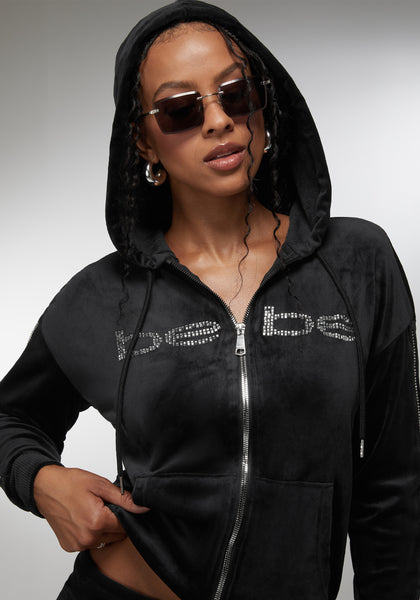Rhinestone Detail Velour Jacket | bebe