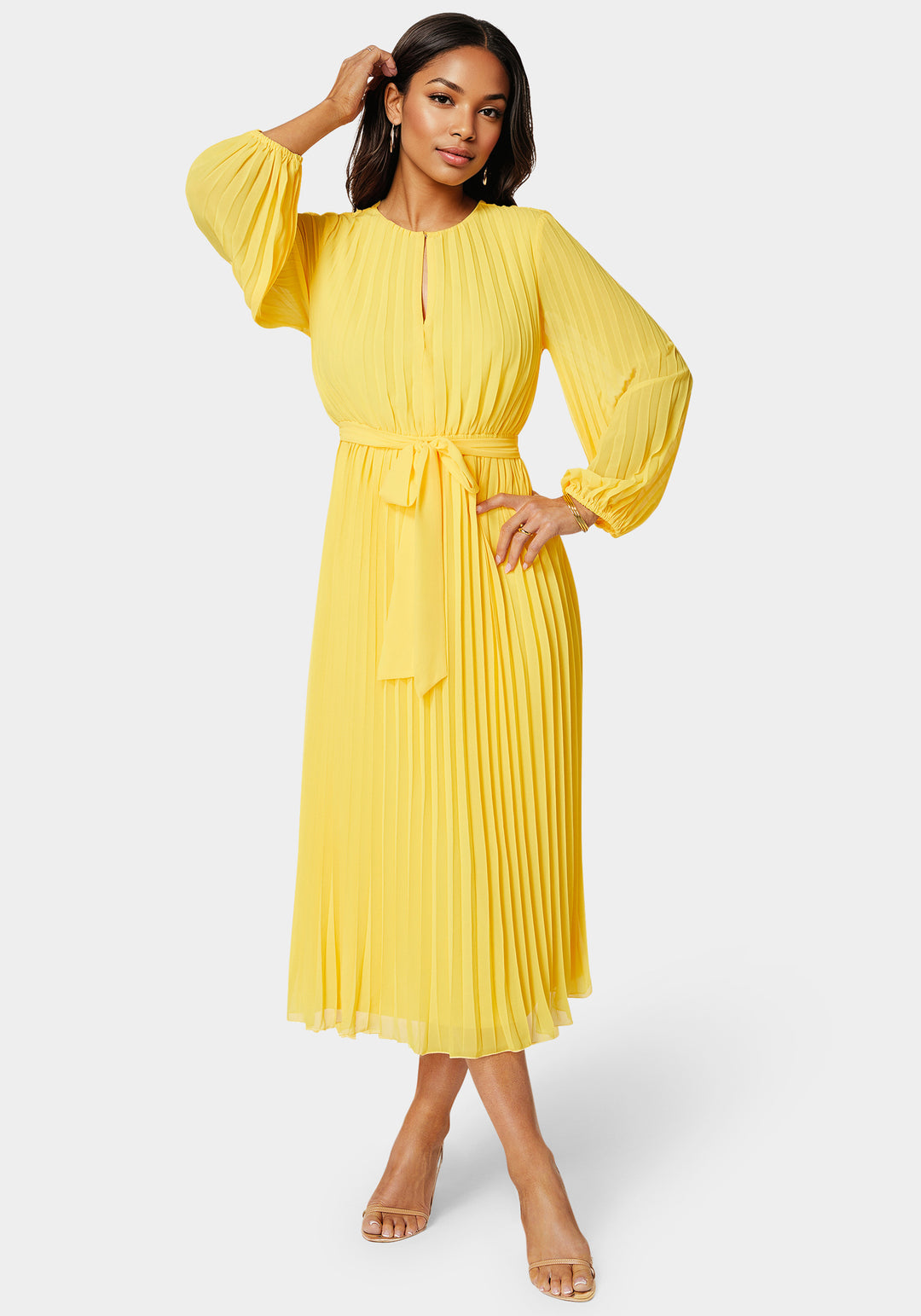 Pleated Gown With Long Sleeves Yellow - bebe Pleated Gown With Long Sleeves Yellow - bebe