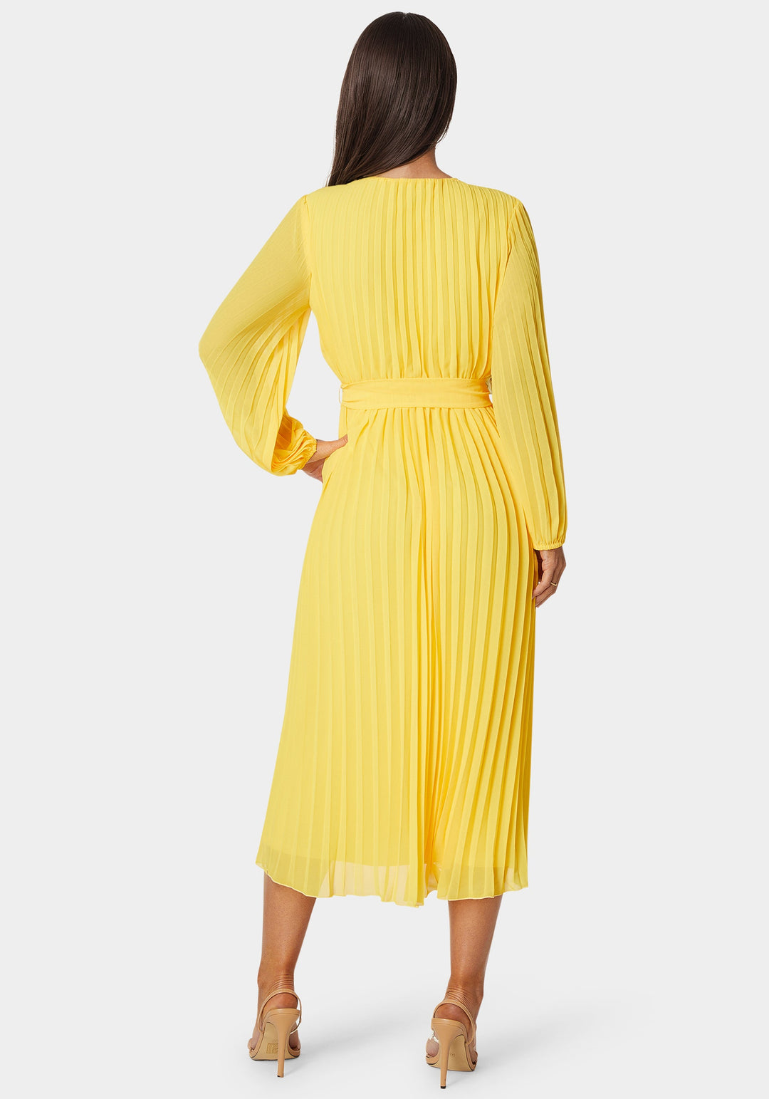 Pleated Gown With Long Sleeves Yellow - bebe Pleated Gown With Long Sleeves Yellow - bebe