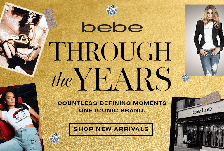 A vintage-inspired fashion collage celebrating the bebe 50th Anniversary with images of brand models and an original storefront. Text overlays read: 'bebe THROUGH the YEARS. COUNTLESS DEFINING MOMENTS. ONE ICONIC BRAND. SHOP NEW ARRIVALS.