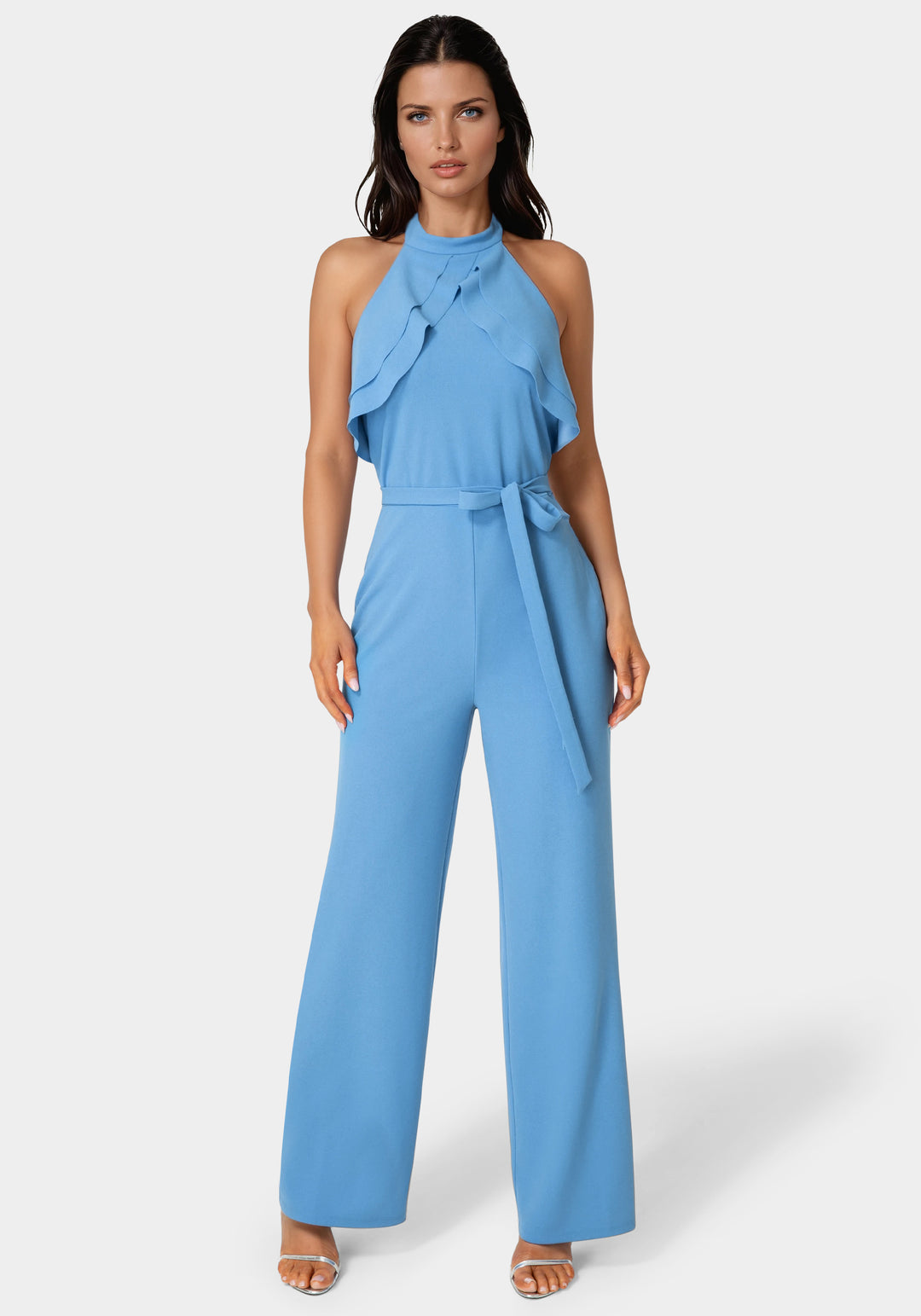 Front View-Scuba Crepe Ruffled Halter Jumpsuit-Blue