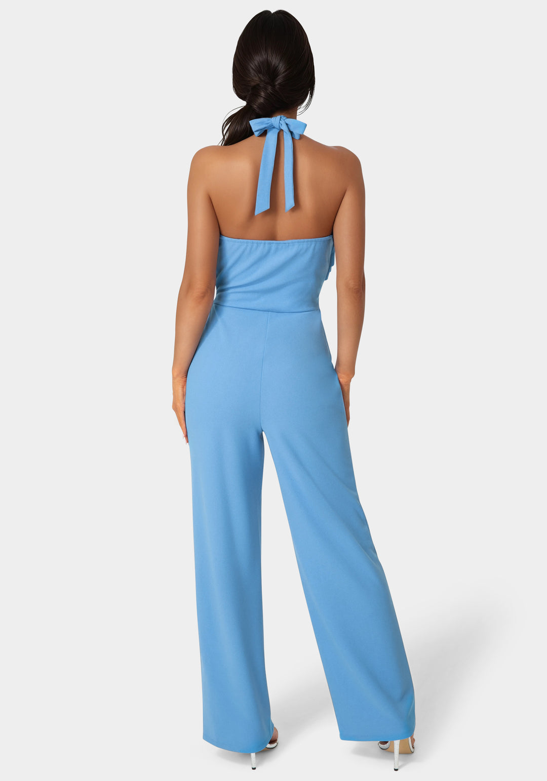 Back View-Scuba Crepe Ruffled Halter Jumpsuit-Blue