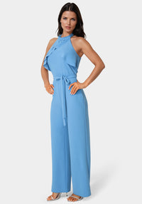 Side View-Scuba Crepe Ruffled Halter Jumpsuit-Blue