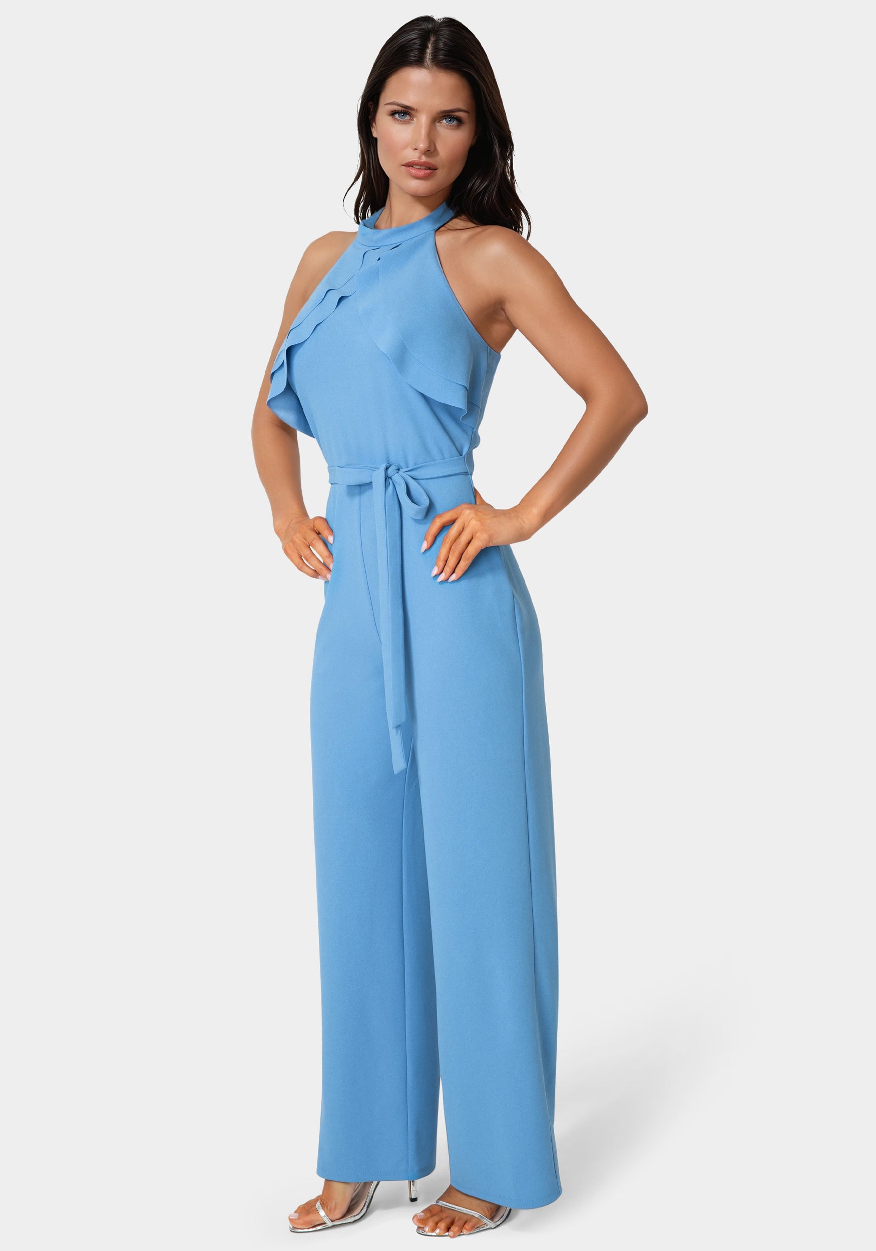 Side View-Scuba Crepe Ruffled Halter Jumpsuit-Blue