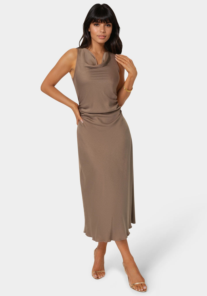 Front View-Crepe Satin Cowl Maxi Dress-MOCHA