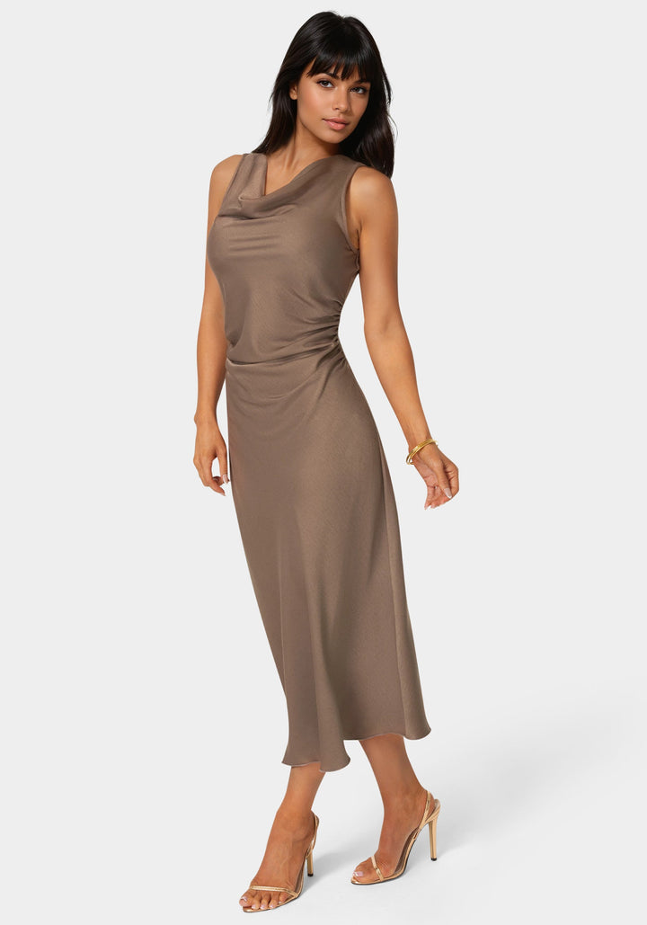 Side View-Crepe Satin Cowl Maxi Dress-MOCHA