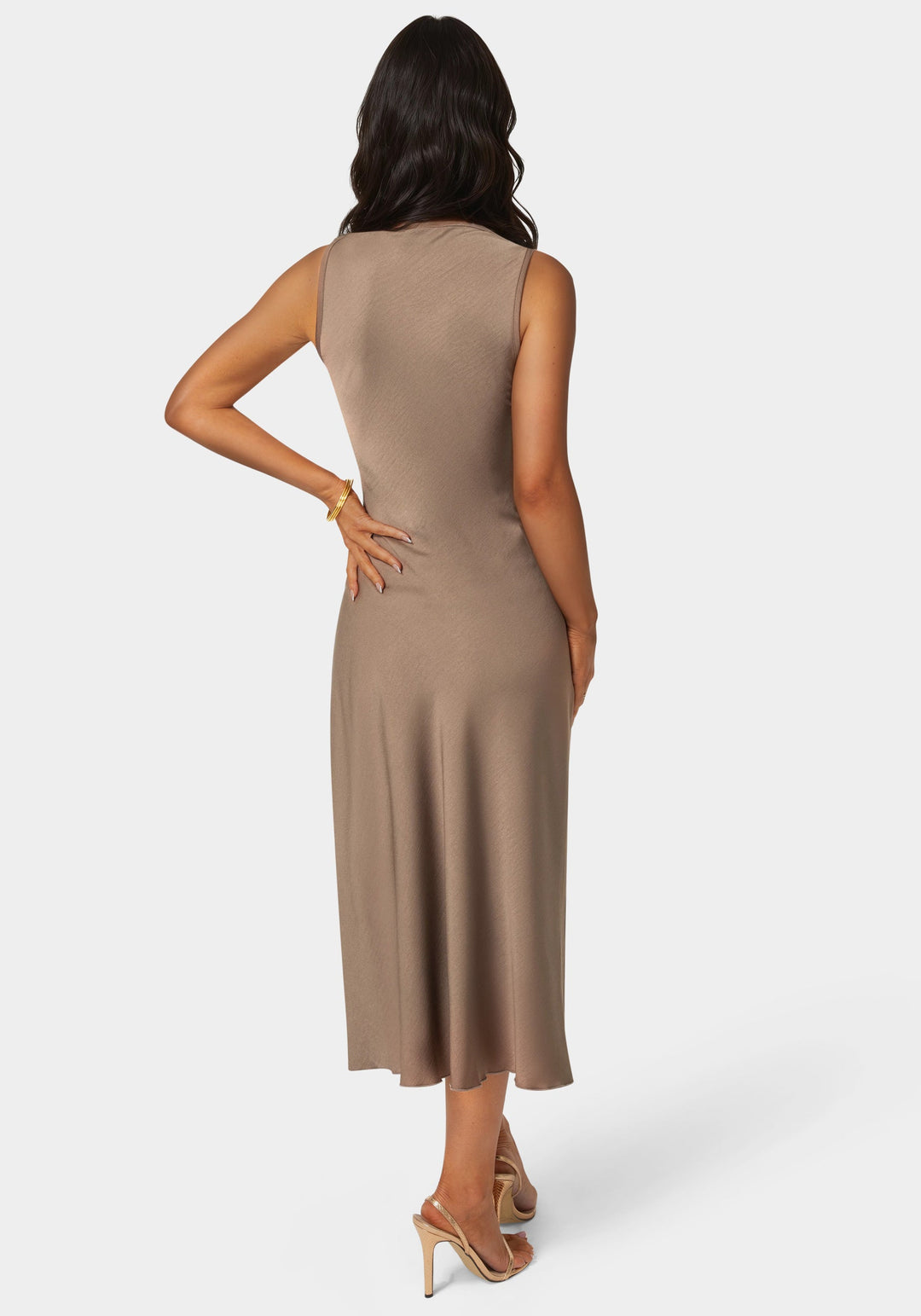 Back View-Crepe Satin Cowl Maxi Dress-MOCHA