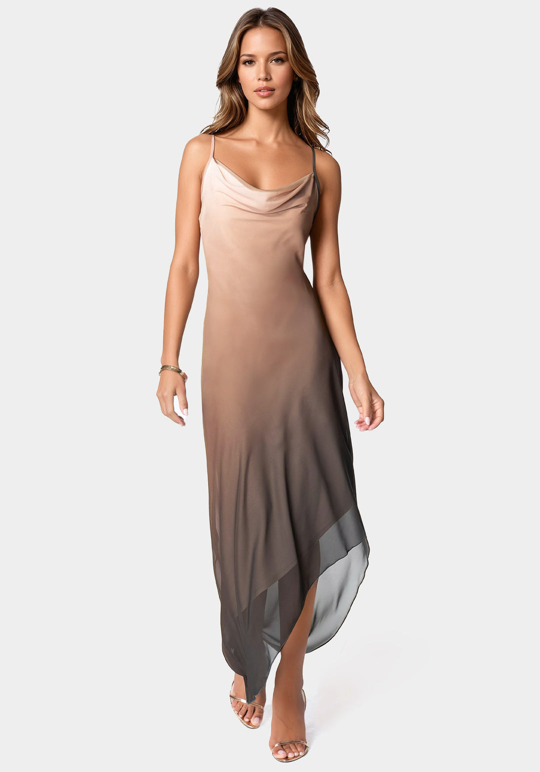 Ombre Chiffon Cowl Dress in Brown White - bebe Ombre Chiffon Cowl Dress in Brown White - bebe