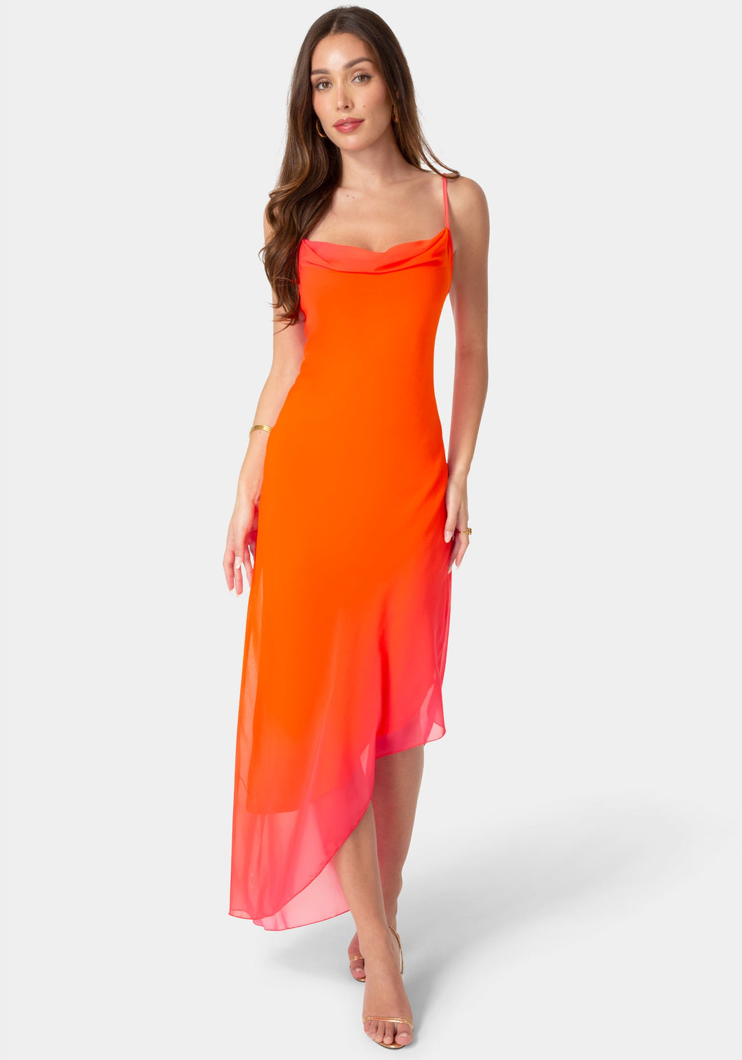 Front View-Ombre Chiffon Cowl Dress-Orange/Fuschia