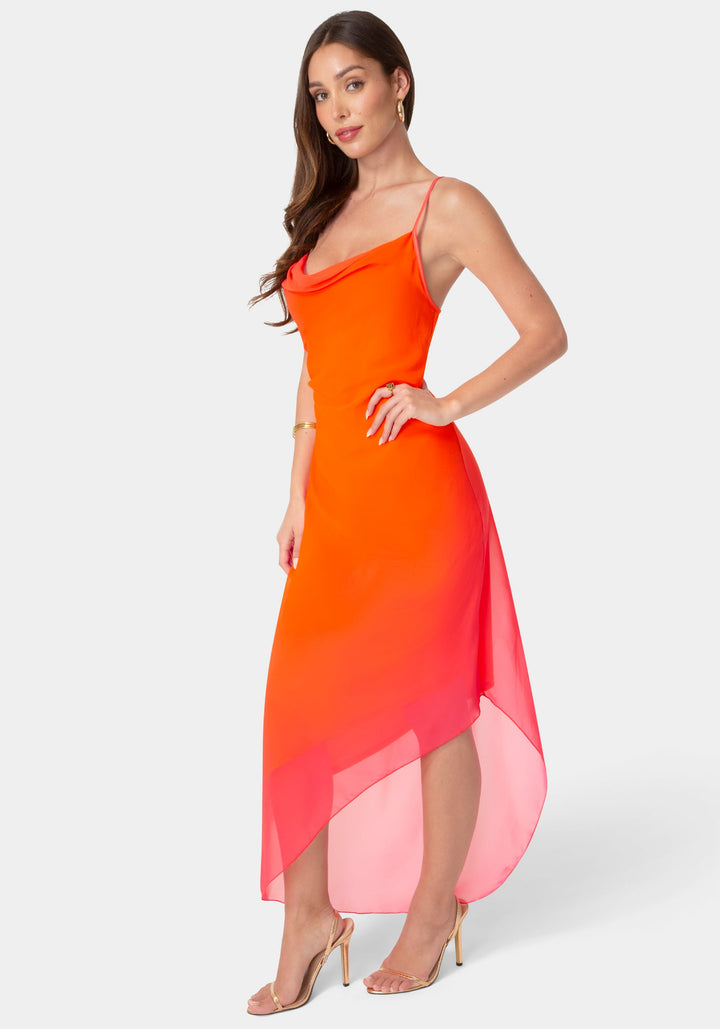 Side View-Ombre Chiffon Cowl Dress-Orange/Fuschia