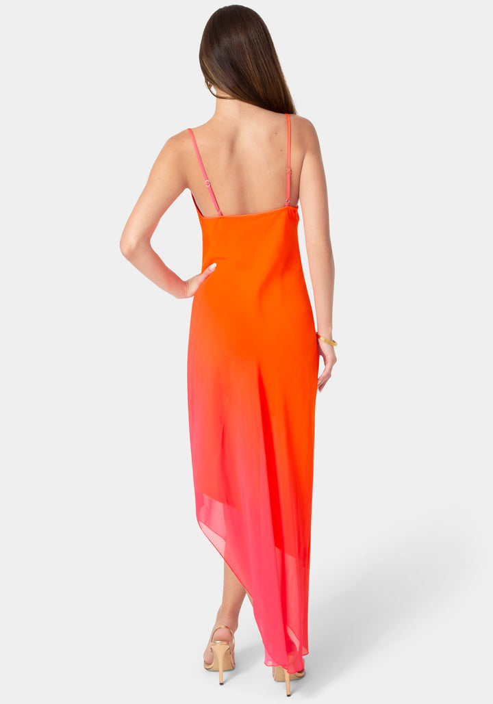 Back View-Ombre Chiffon Cowl Dress-Orange/Fuschia