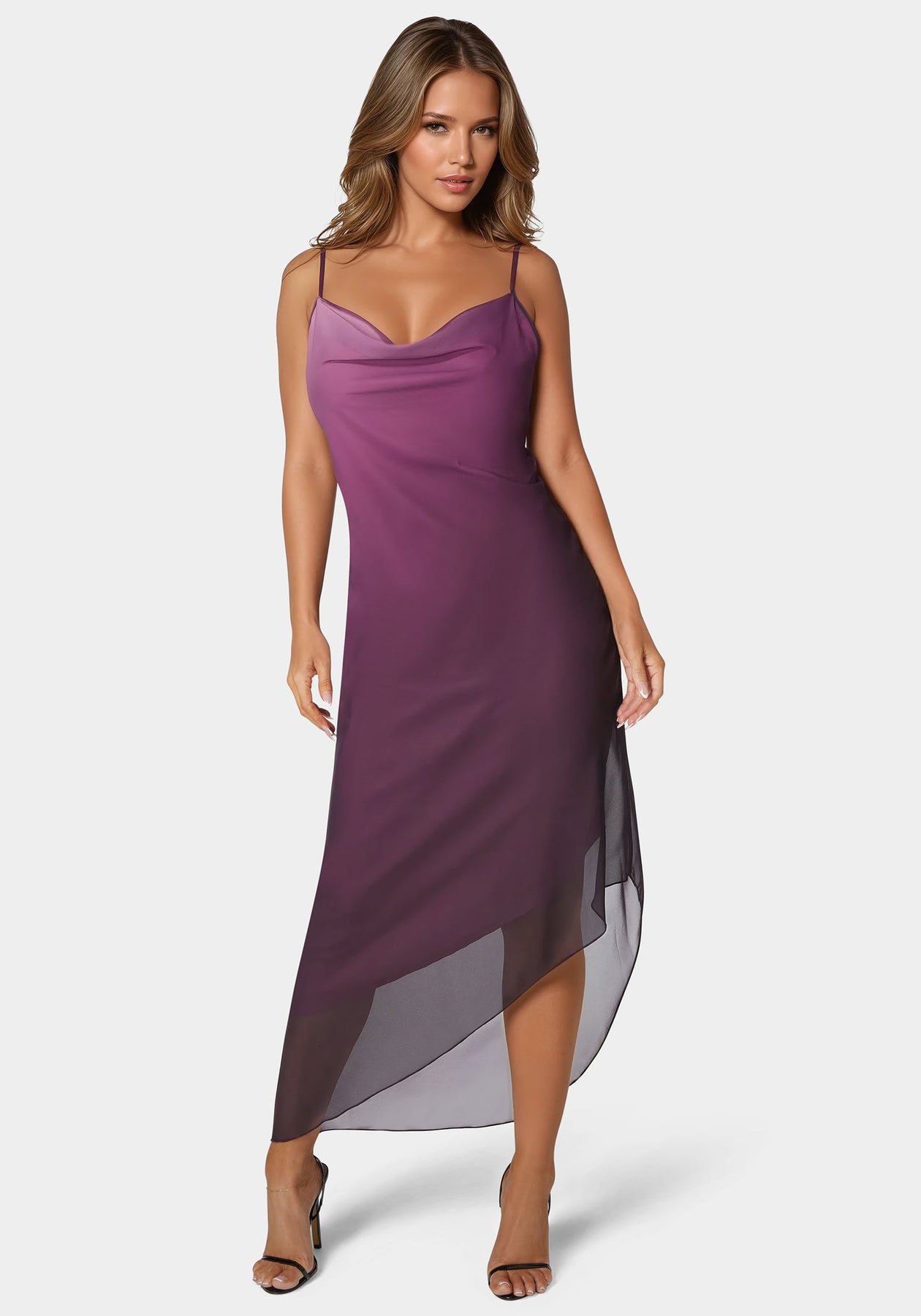 Ombre Chiffon Cowl Dress in Purple Pink - bebe Ombre Chiffon Cowl Dress in Purple Pink - bebe
