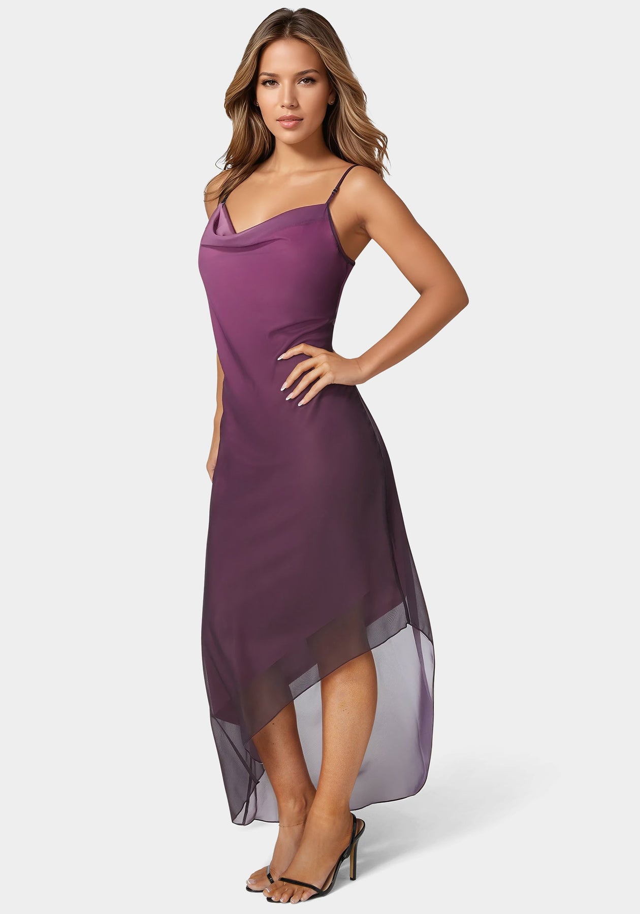 Ombre Chiffon Cowl Dress in Purple Pink - bebe Ombre Chiffon Cowl Dress in Purple Pink - bebe
