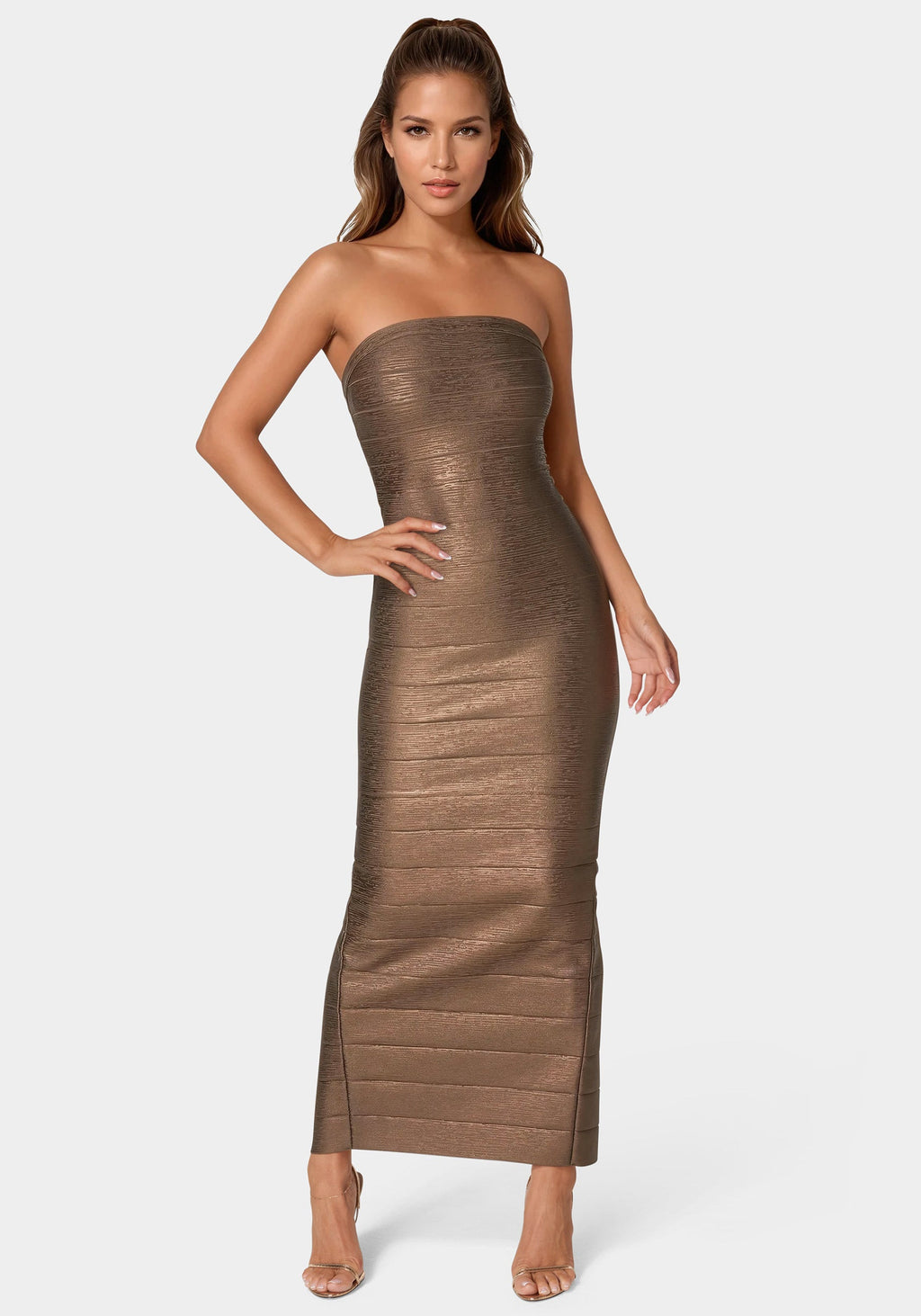Bebe Women's Long Strapless Bandage Foil Dress