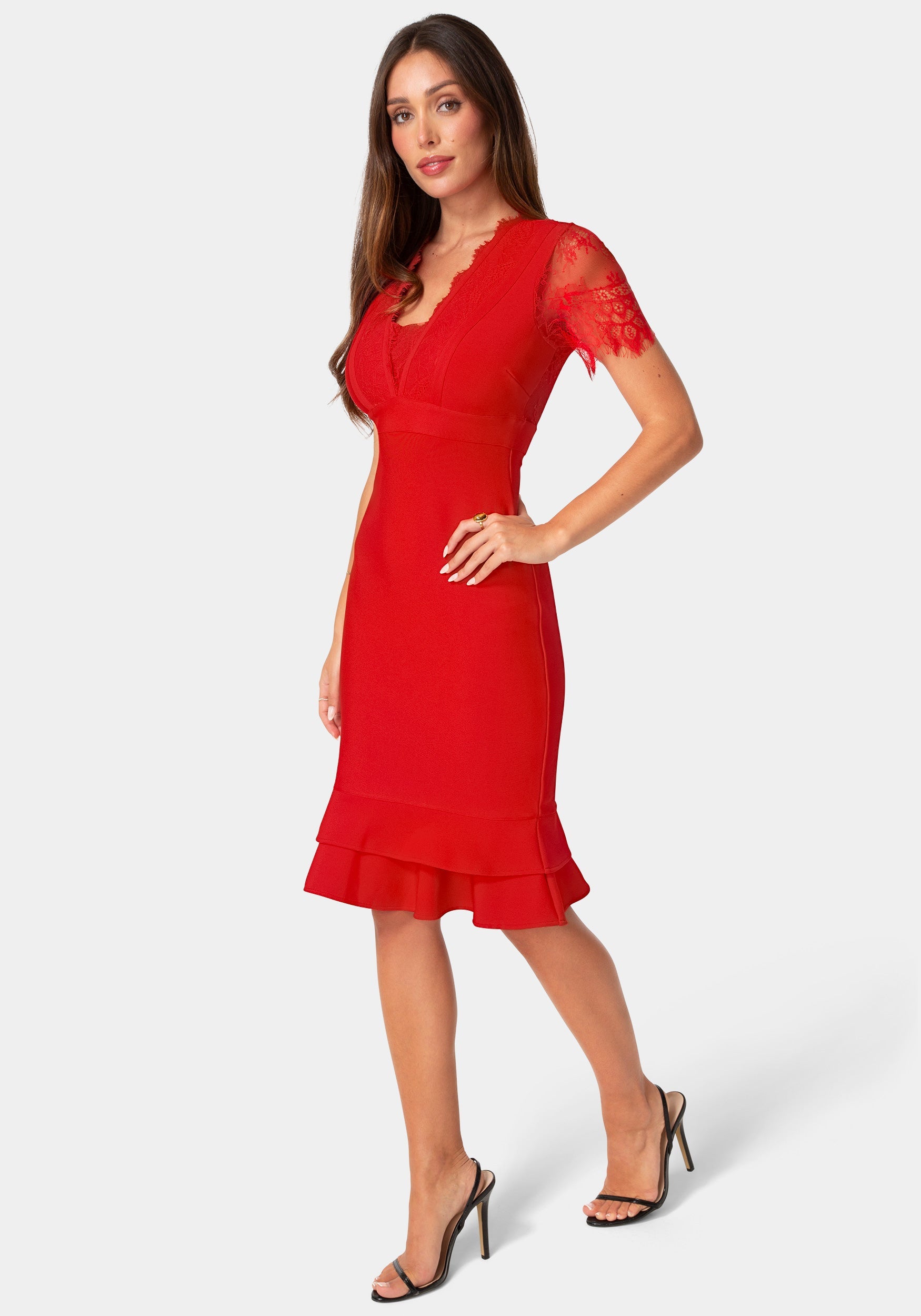 Side View-Bandage Dress with Lace Detail-Red