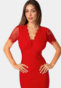 Detail View-Bandage Dress with Lace Detail-Red