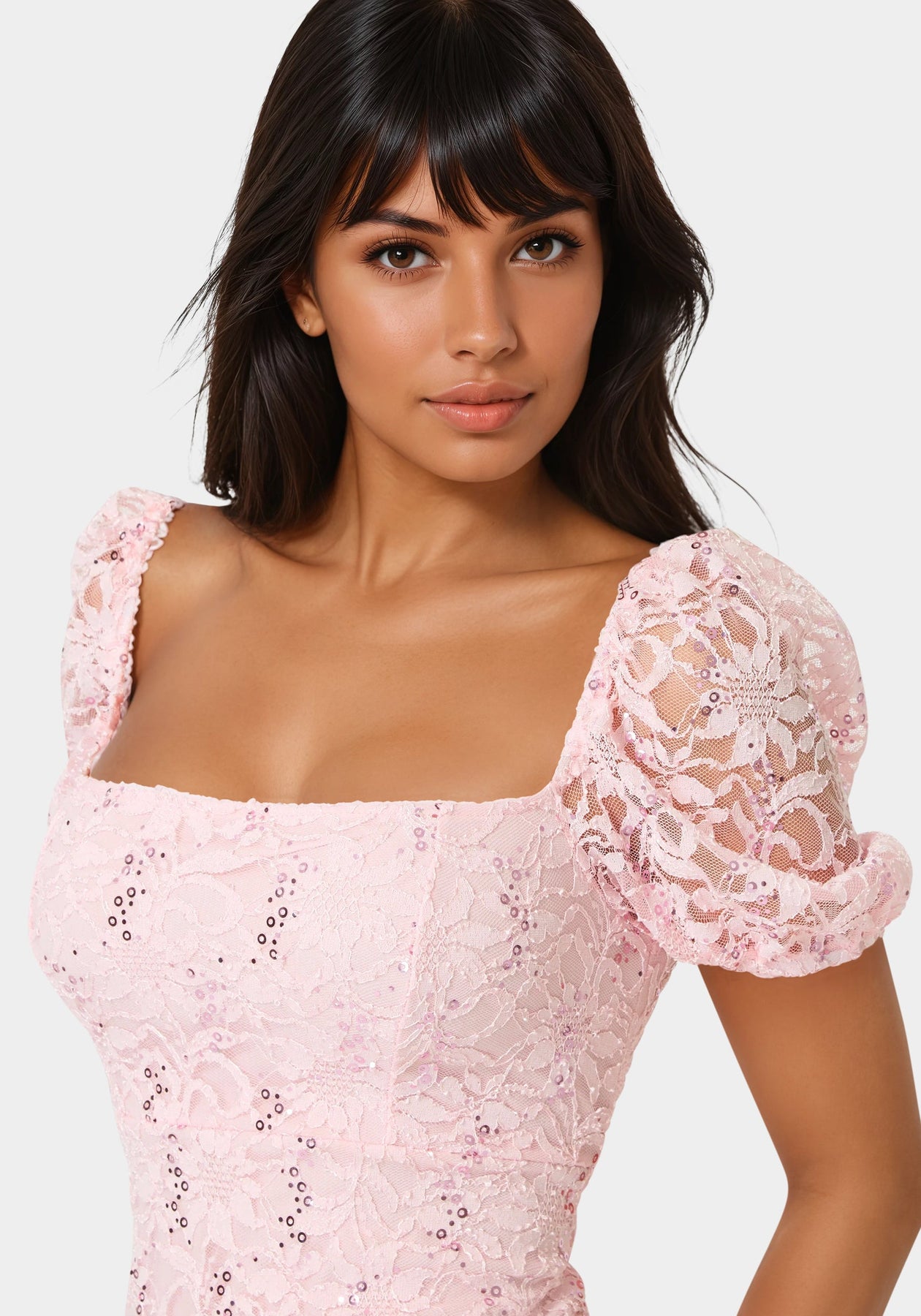 Bebe Women's Lace Slim Dress with Puff Sleeves - Pink Bebe Women's Lace Slim Dress with Puff Sleeves - Pink