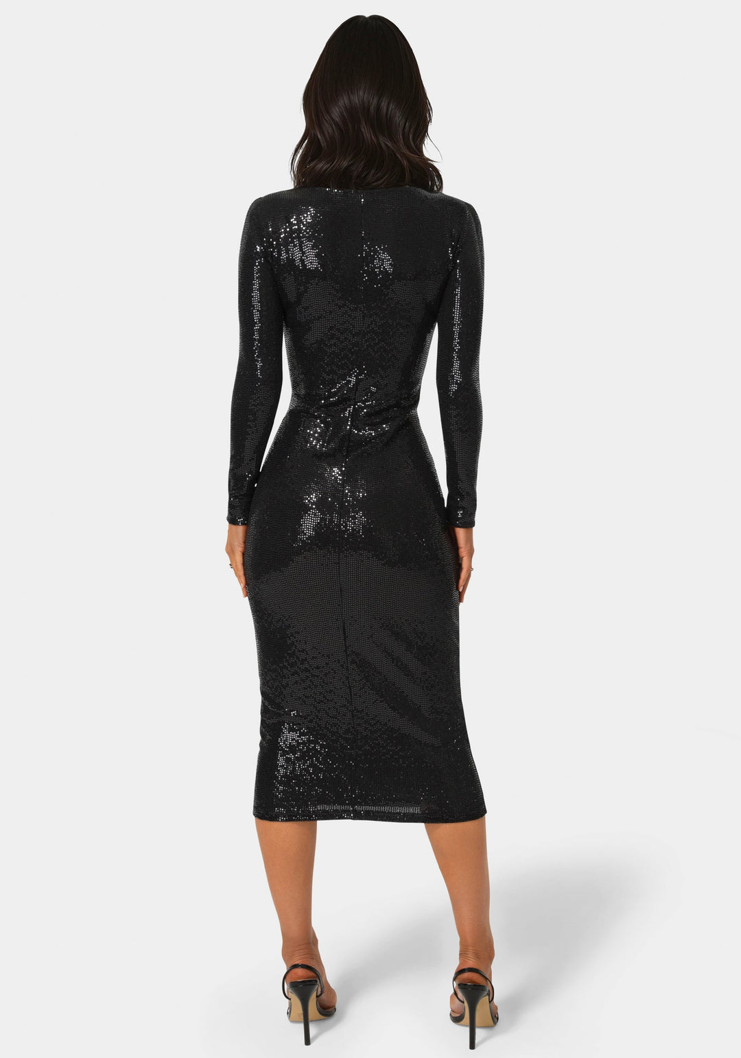 Back View-Long Sleeve Disco Dot Square Neck Maxi Dress-BLACK