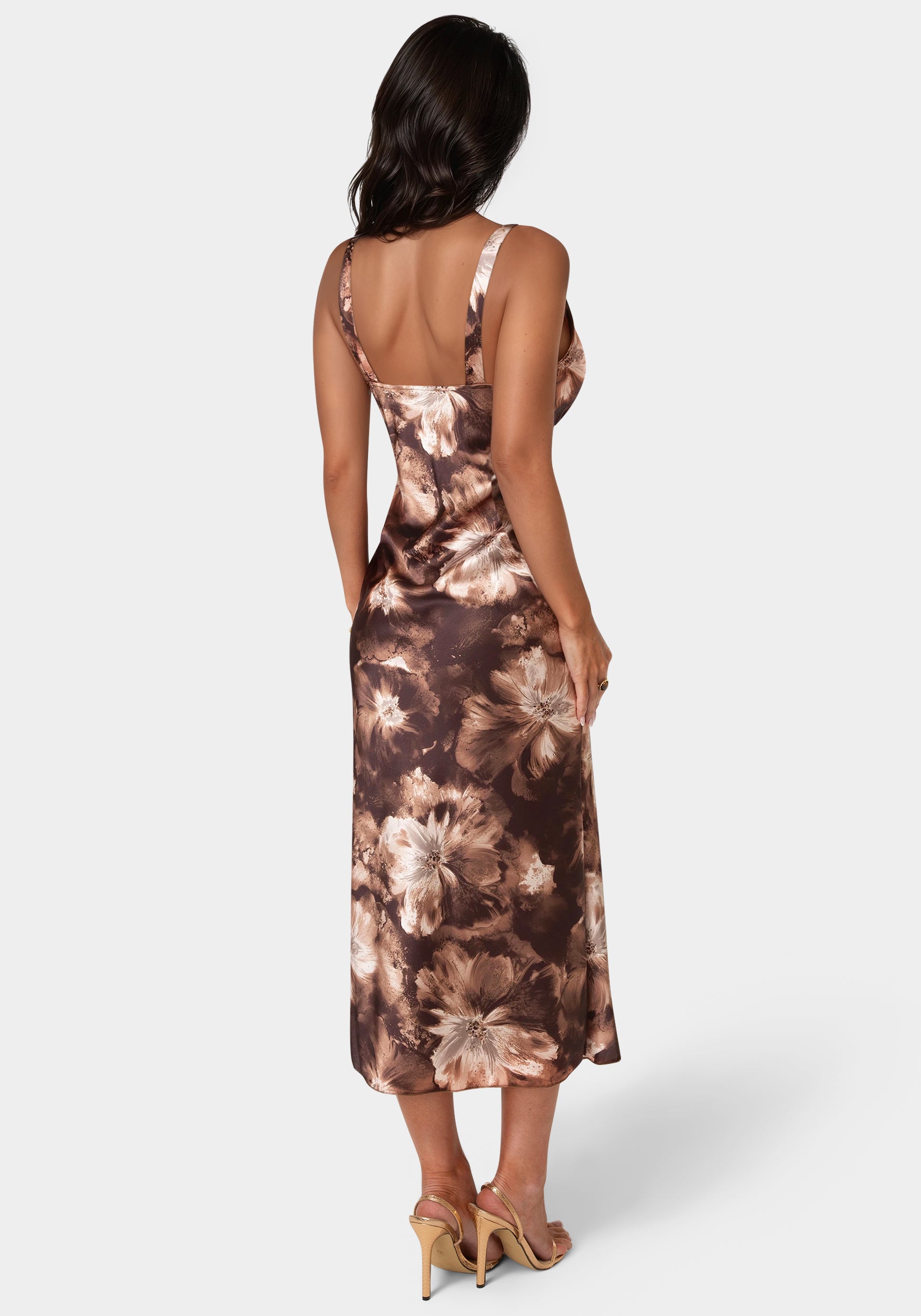 Bebe Women's Ceycrepe Satin V-Neck Sleeveless Maxi Dress, Brown, Medium