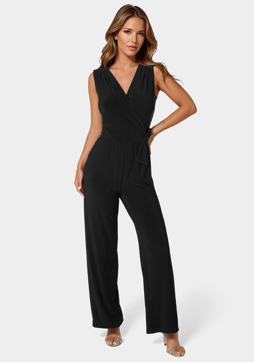 Front View-Jersey Wrap Tie Jumpsuit-Black