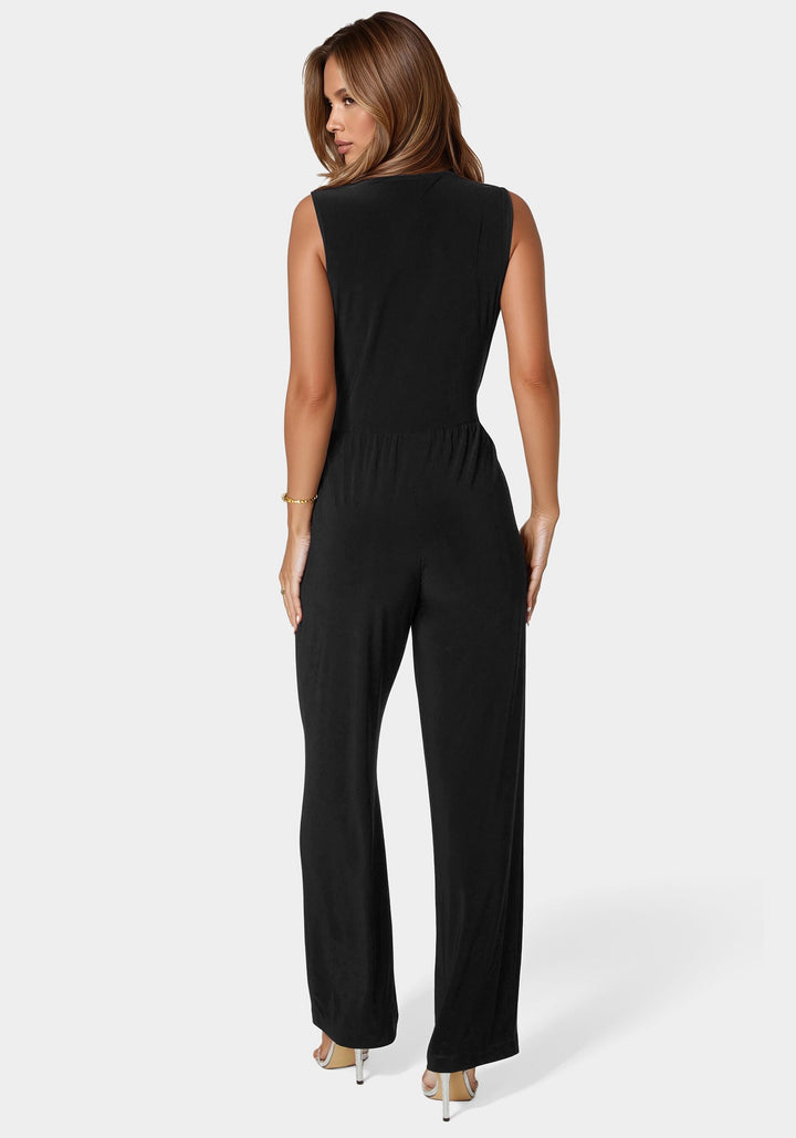 Back View-Jersey Wrap Tie Jumpsuit-Black