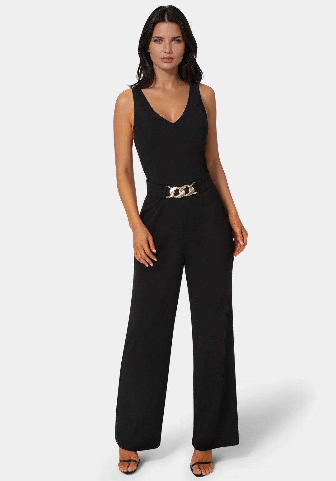 Front View-Scuba Crepe V-Neck Jumpsuit with Belt-Black