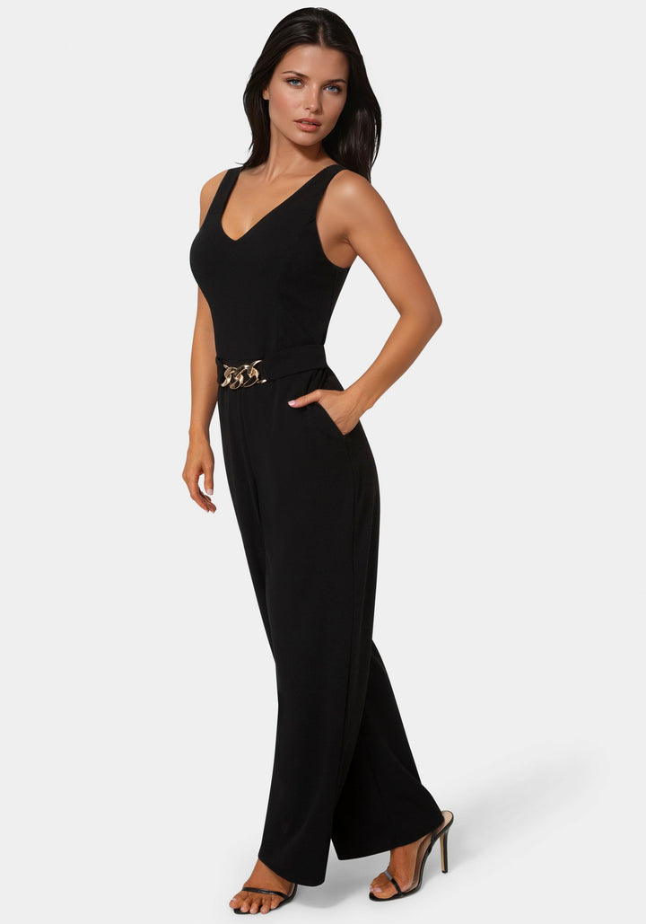 Side View-Scuba Crepe V-Neck Jumpsuit with Belt-Black
