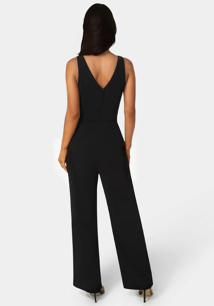 Back View-Scuba Crepe V-Neck Jumpsuit with Belt-Black