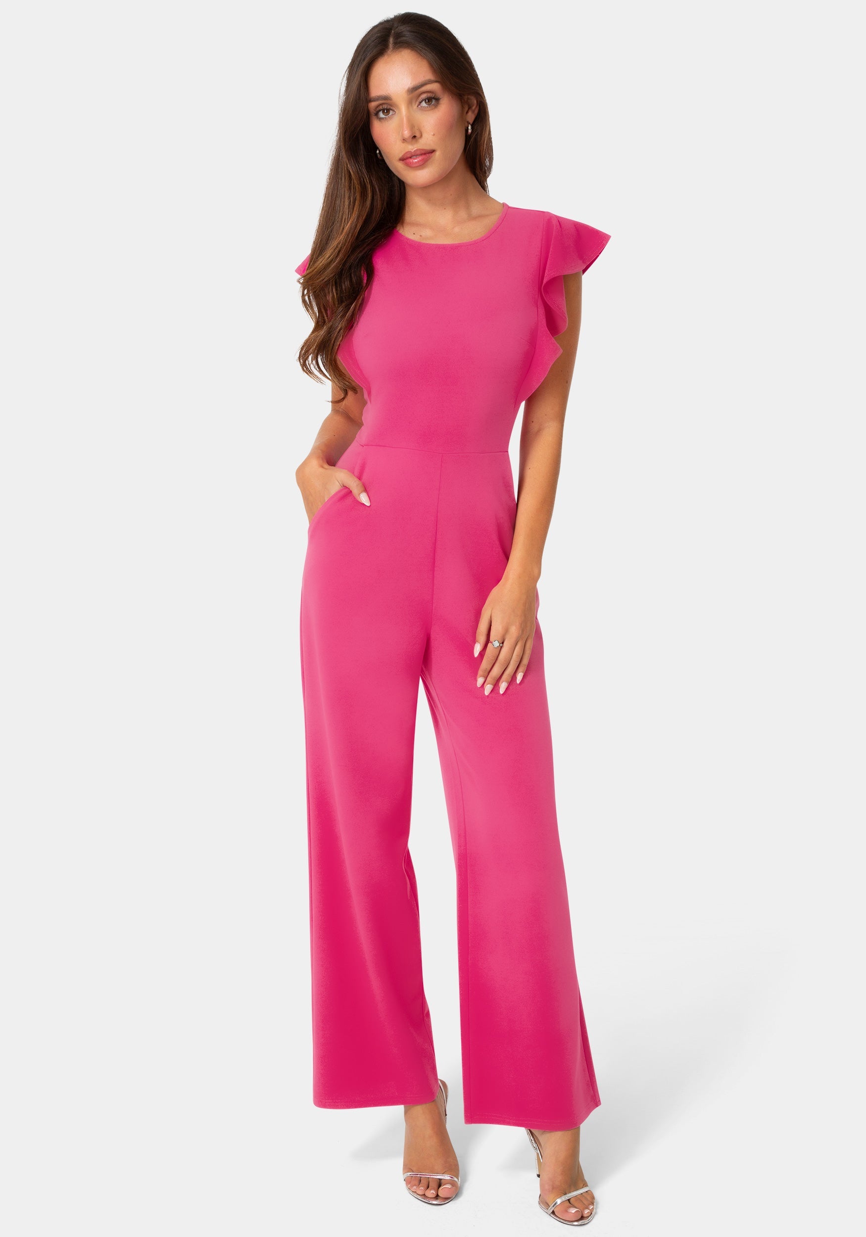Front View-Flutter Sleeve Core Jumpsuit-Berry