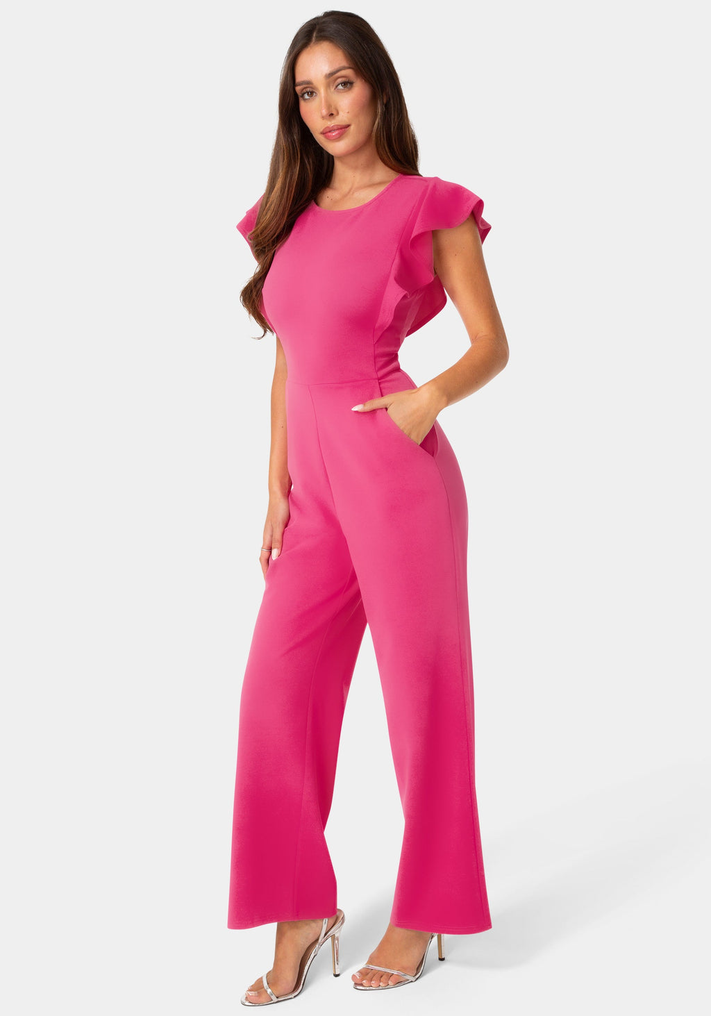 Side View-Flutter Sleeve Core Jumpsuit-Berry
