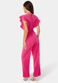 Back View-Flutter Sleeve Core Jumpsuit-Berry