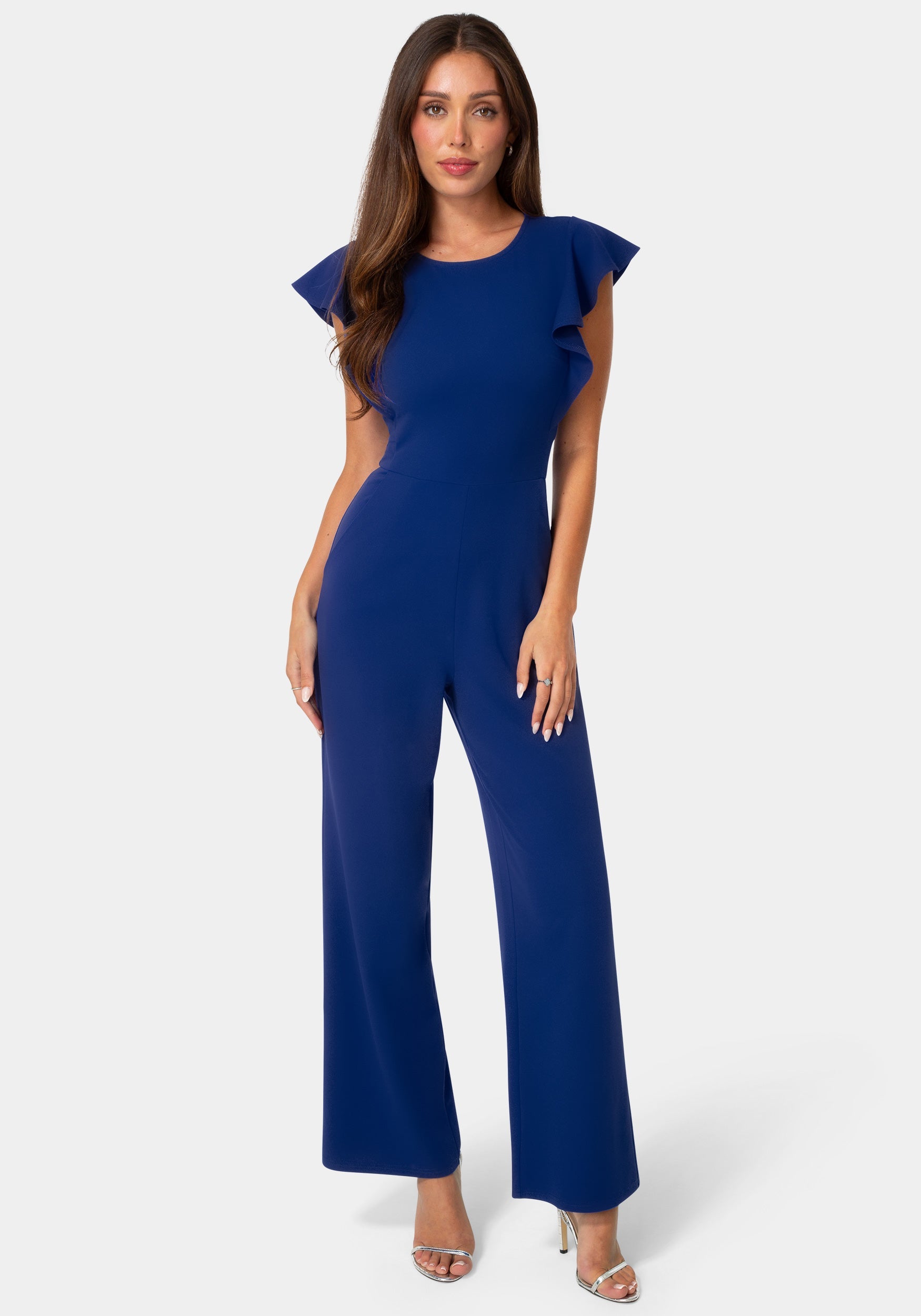 Front View-Flutter Sleeve Core Jumpsuit-Cobalt