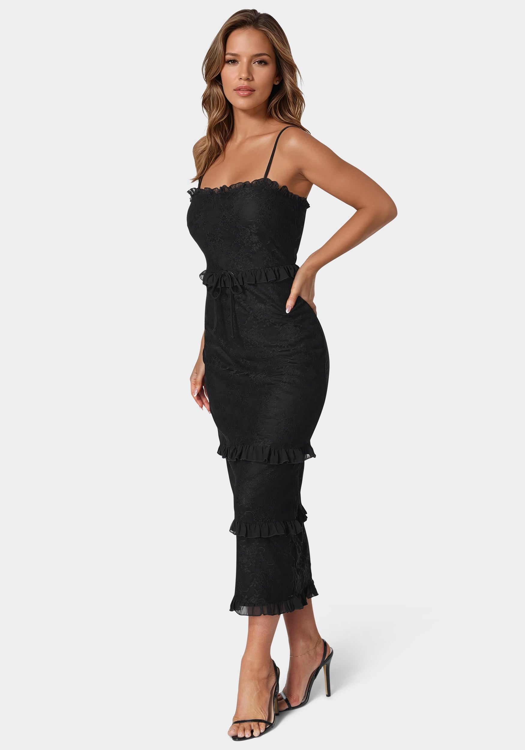 bebe black ruffle dress Bebe Women's Lace Ruffle Maxi Dress, Size Small in Black Spandex/Nylon
