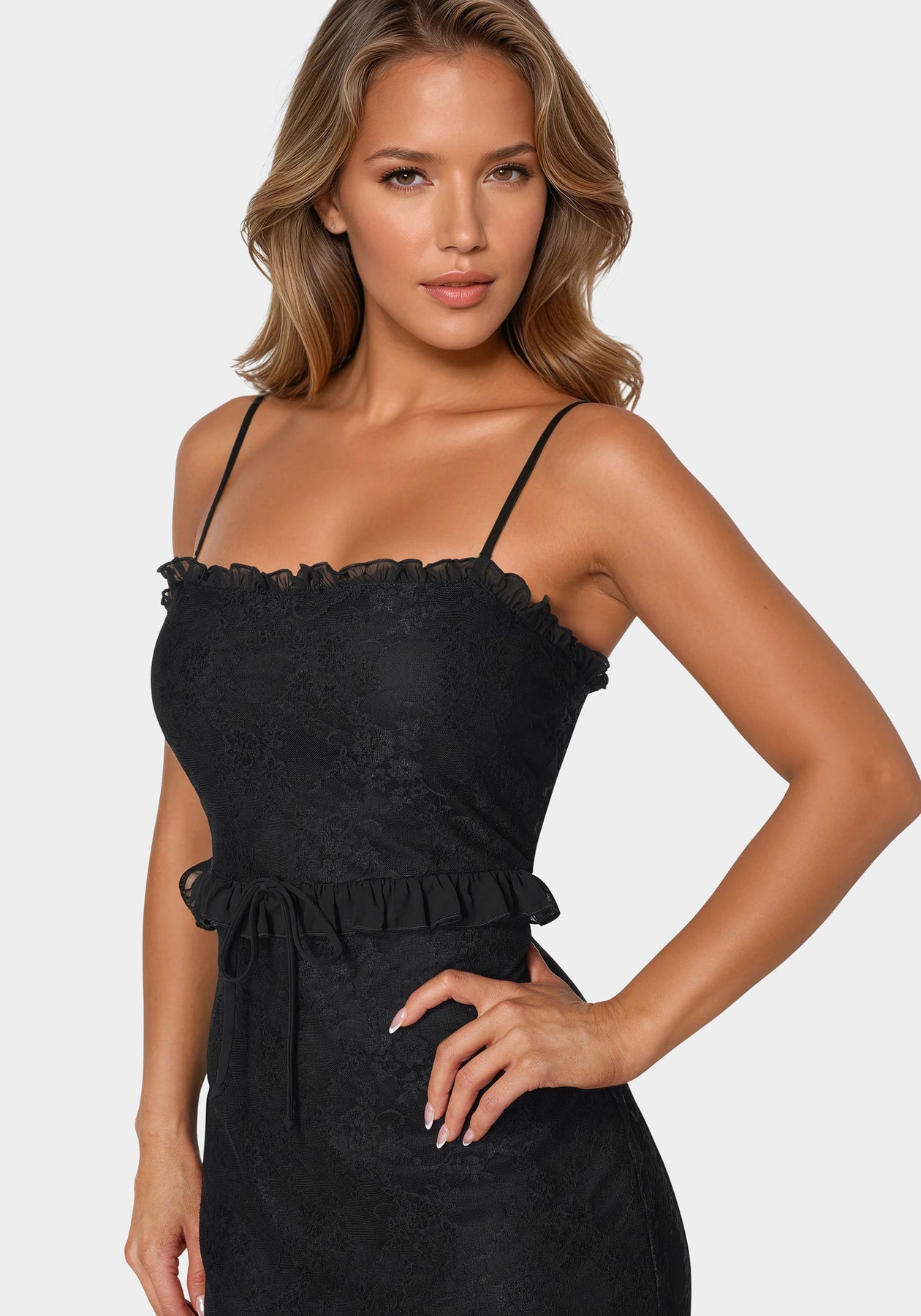 Lace Maxi With Ruffle Dress Black - bebe Lace Maxi With Ruffle Dress Black - bebe