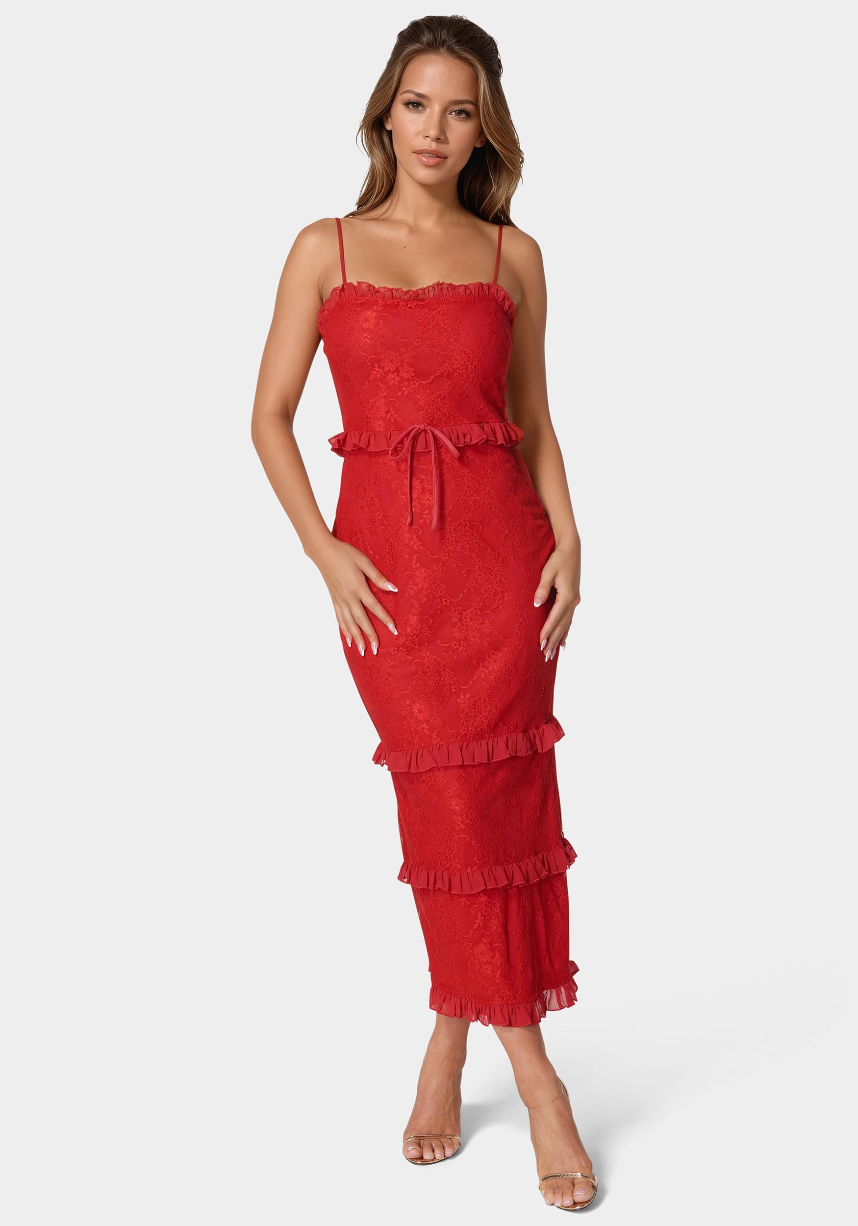 Bebe Women's Lace Maxi with Ruffle Dress - Red Lace Maxi With Ruffle Dress – bebe
